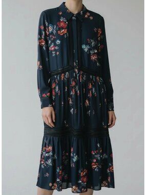 SELF-PORTRAIT Blossom Print Crepe de Chine Dress - Navy - Size 6